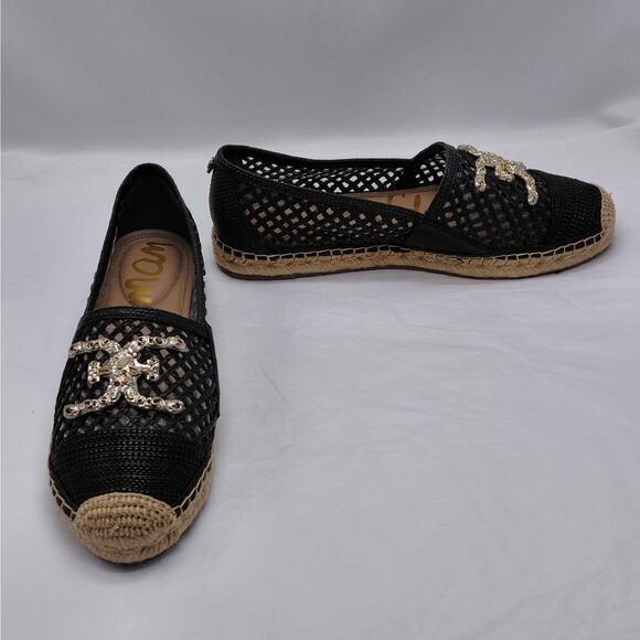 Sam Edelman Womens Espadrille Flats Size 9 Black Raffia Mesh Logo Slip On Shoes - Picture 4 of 15